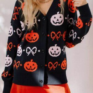Halloween Pumpkin Pattern Button-Up Cardigan